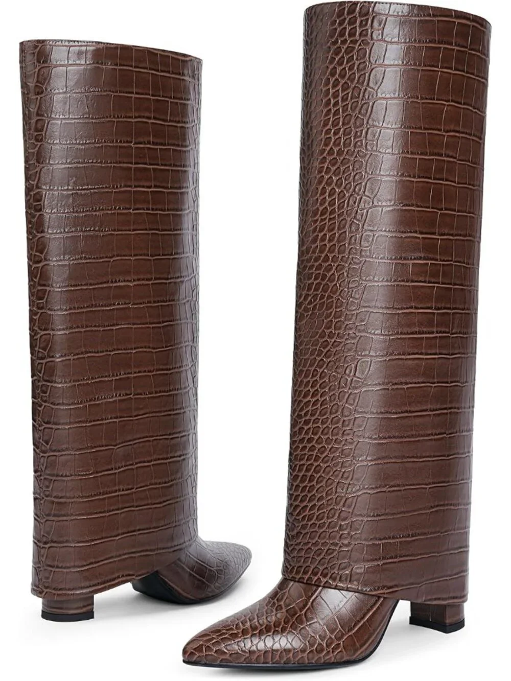 Women's Crocodile Brown Pointed Toe Chunky Heel Faux Leather Over The Knee Boots
